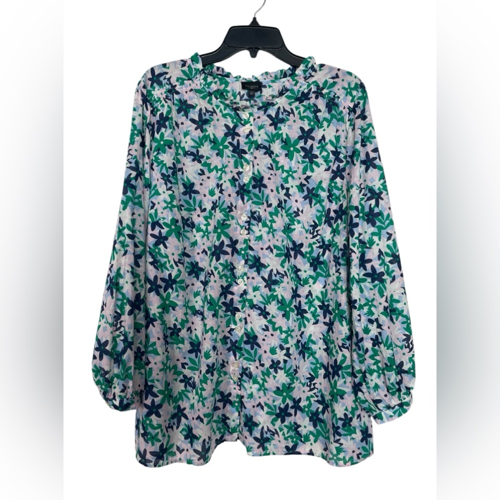 Talbots Plus Floral Ruffle Neck Tunic Full Button Blouse Spring Easter Size 2X